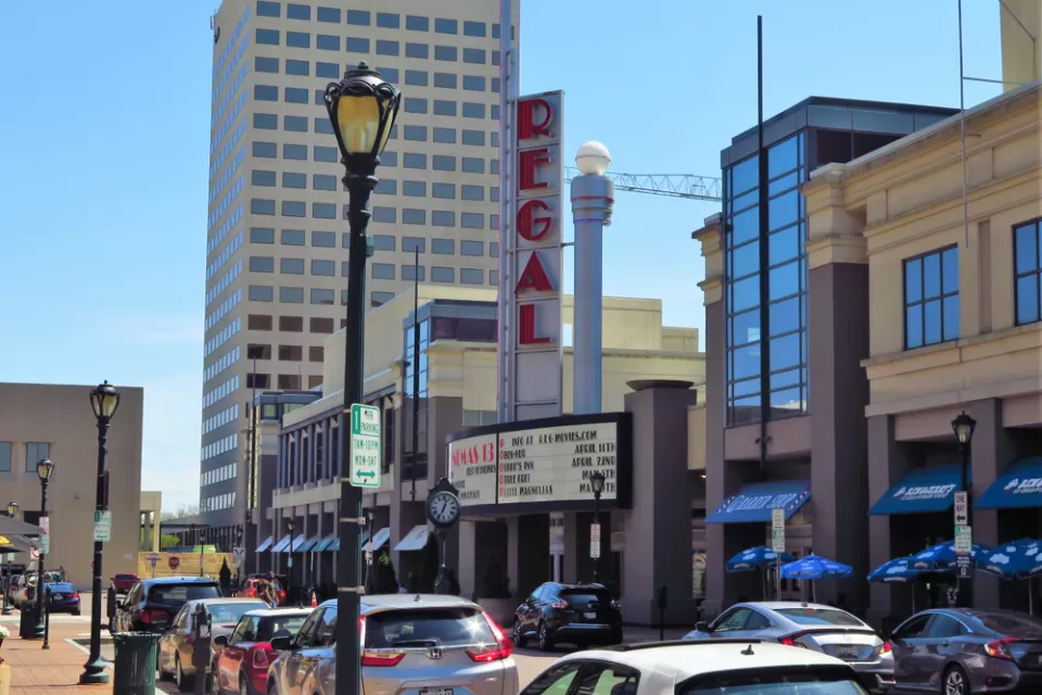 Street with Regal cinema building in downtown Rockville, Maryland